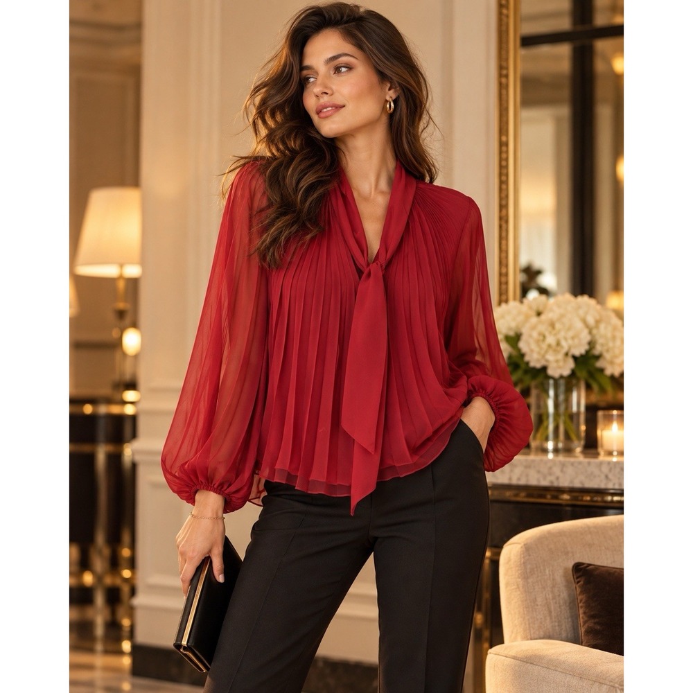 Zara Red Pleated Tie Neck Blouse Women XS Sheer Balloon Sleeve Romantic Chic